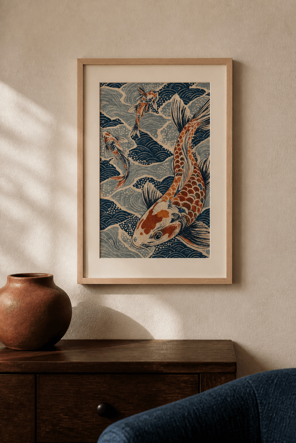 Koi Current artwork in a natural maple frame above a dark wood console, styled with a rust ceramic vase and deep indigo chair.