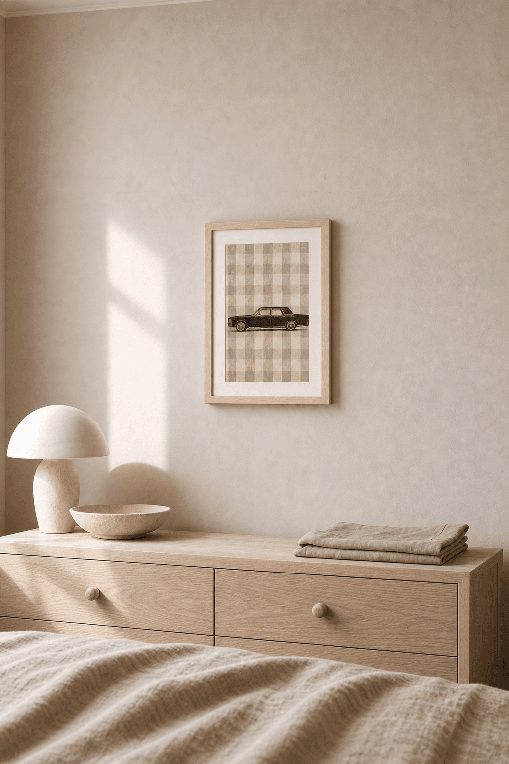 Lincoln Continental artwork displayed in a natural maple frame in a warm, neutral interior