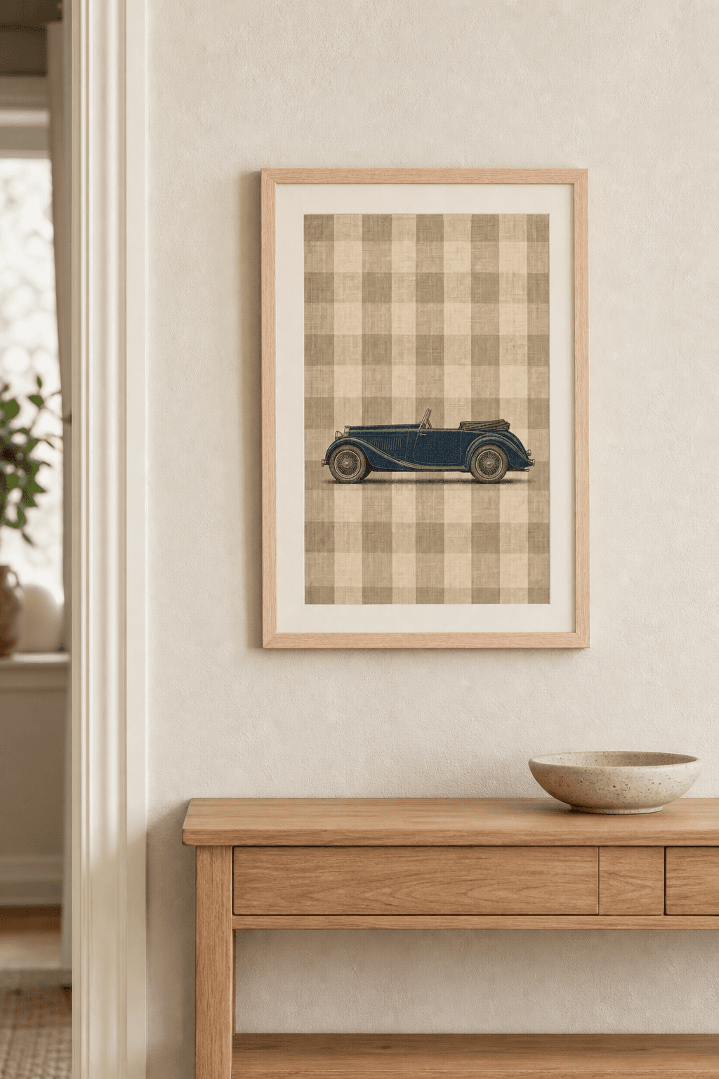 Alvis TA 21 artwork displayed in a natural maple frame in a warm, neutral interior