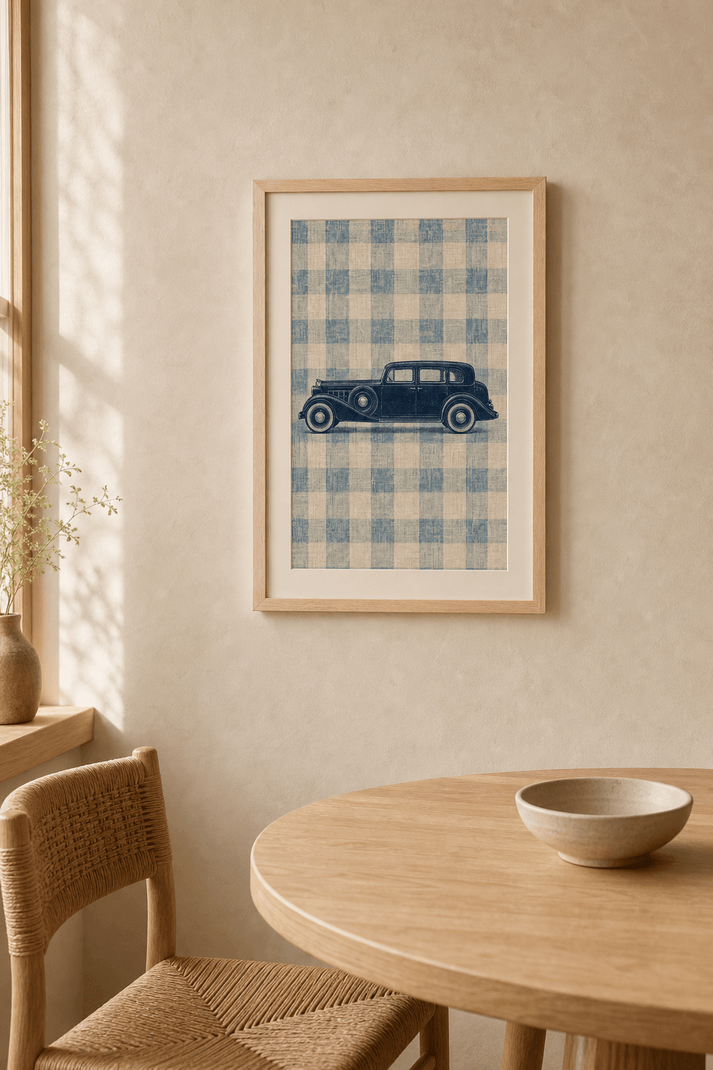 Packard Super Eight artwork displayed in a natural maple frame in a warm, neutral interior