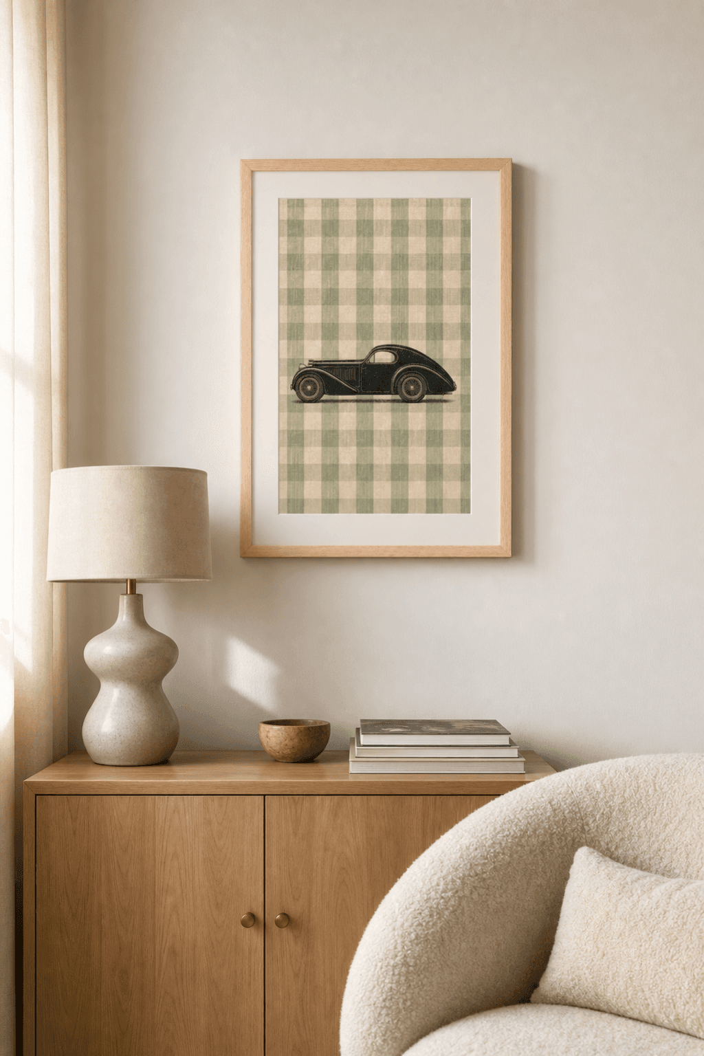 Bugatti Type 57SC artwork displayed in a natural maple frame in a warm, neutral interior