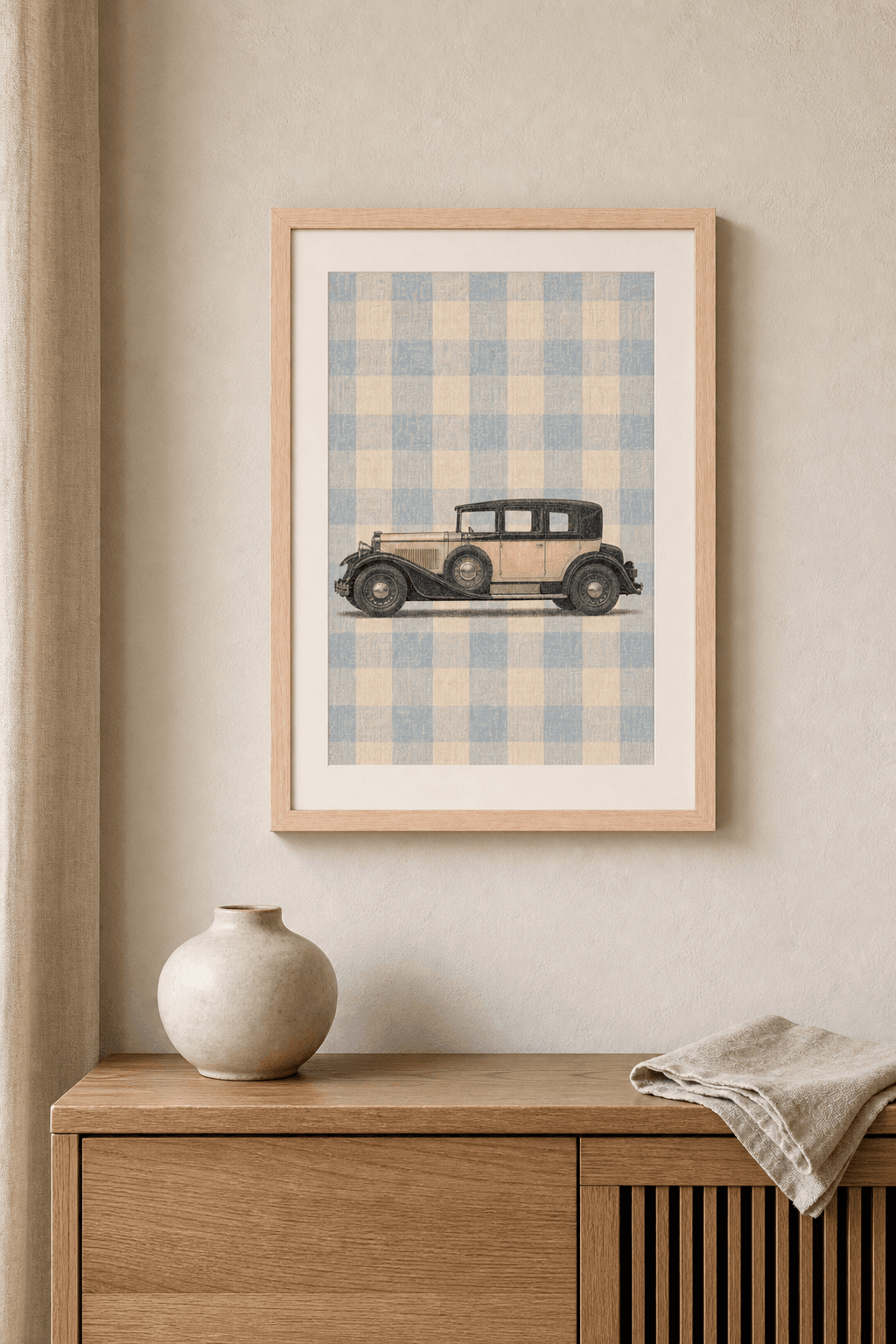 Isotta Fraschini 8A artwork displayed in a natural maple frame in a warm, neutral interior