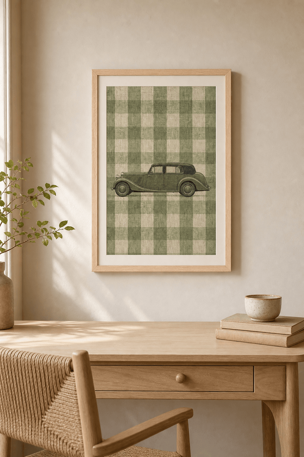 Rolls-Royce Silver Wraith artwork displayed in a natural maple frame in a warm, neutral interior