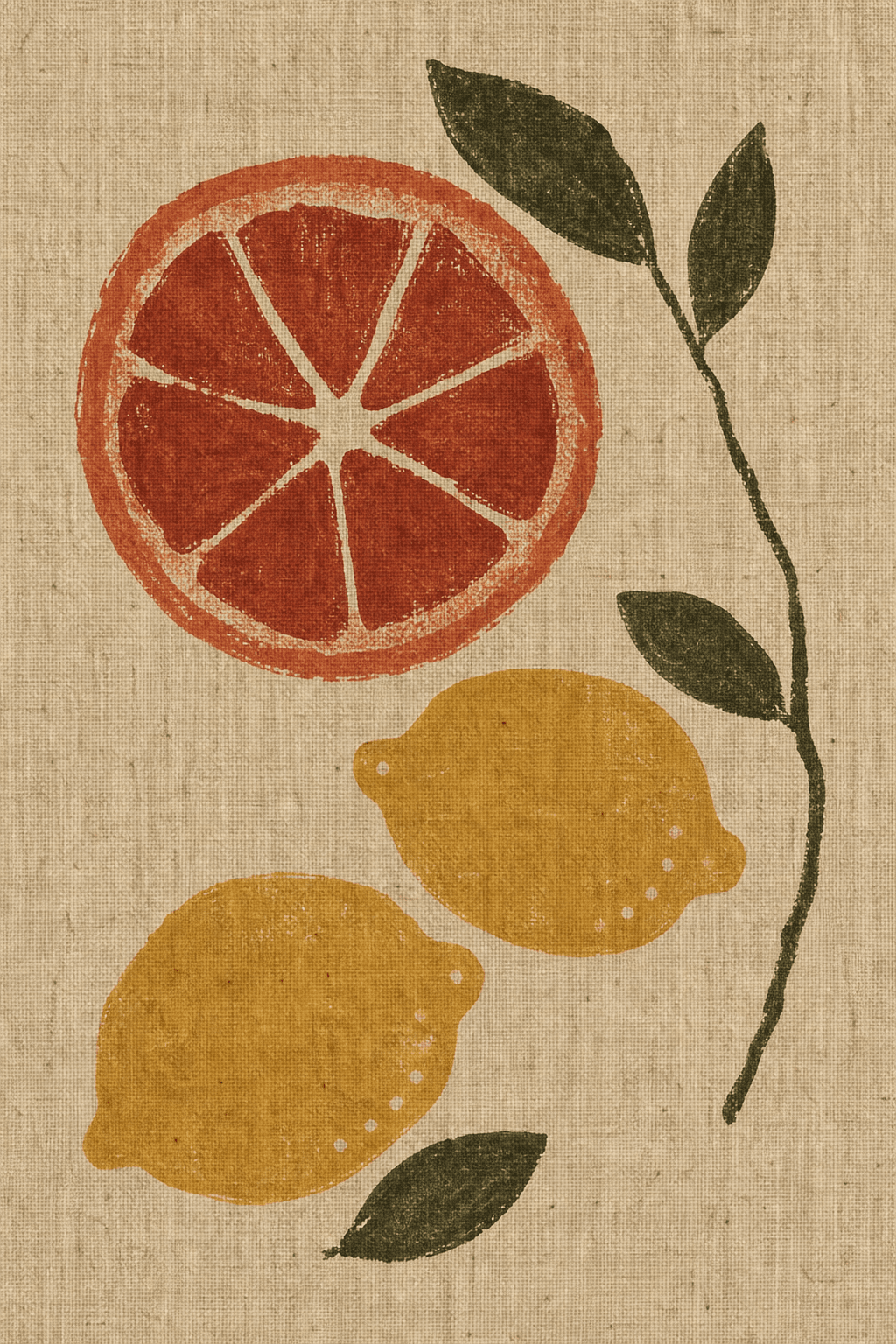 Blood orange slice, two ochre lemons, and dark green leaves printed on linen