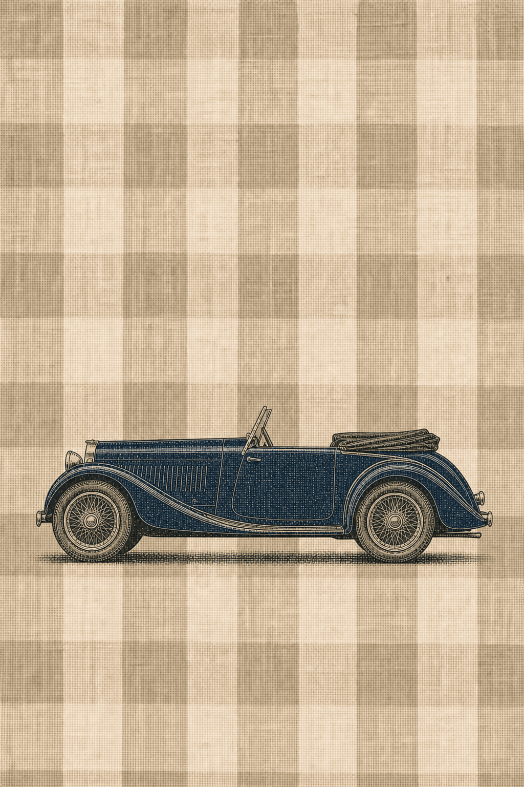 Ink-blue Alvis TA 21 printed over a flax and taupe check on linen