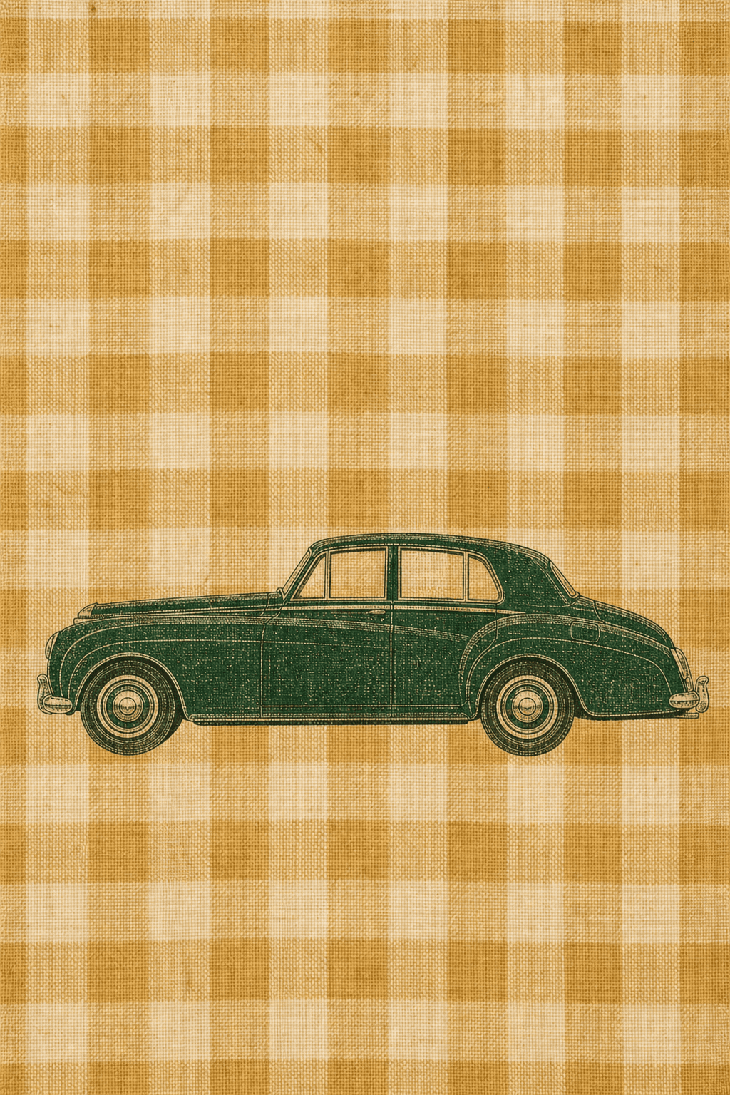 British racing green Bentley S2 printed over a warm ochre and ivory check on linen