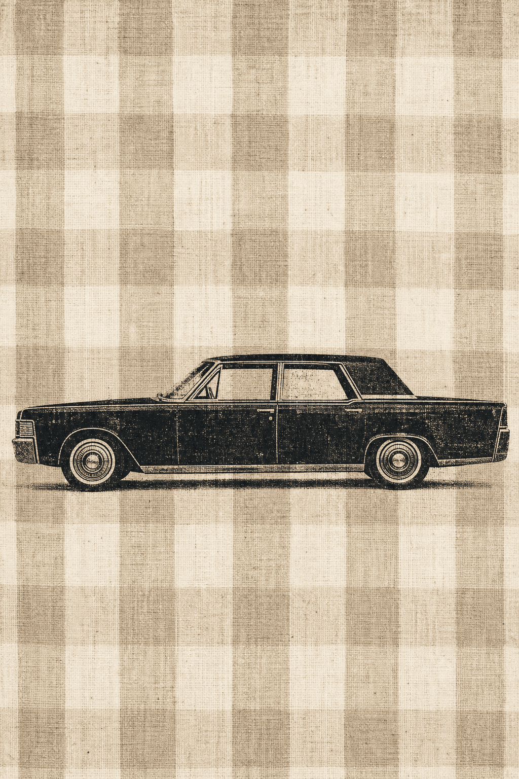 Black Lincoln Continental printed over a sand and taupe check on linen