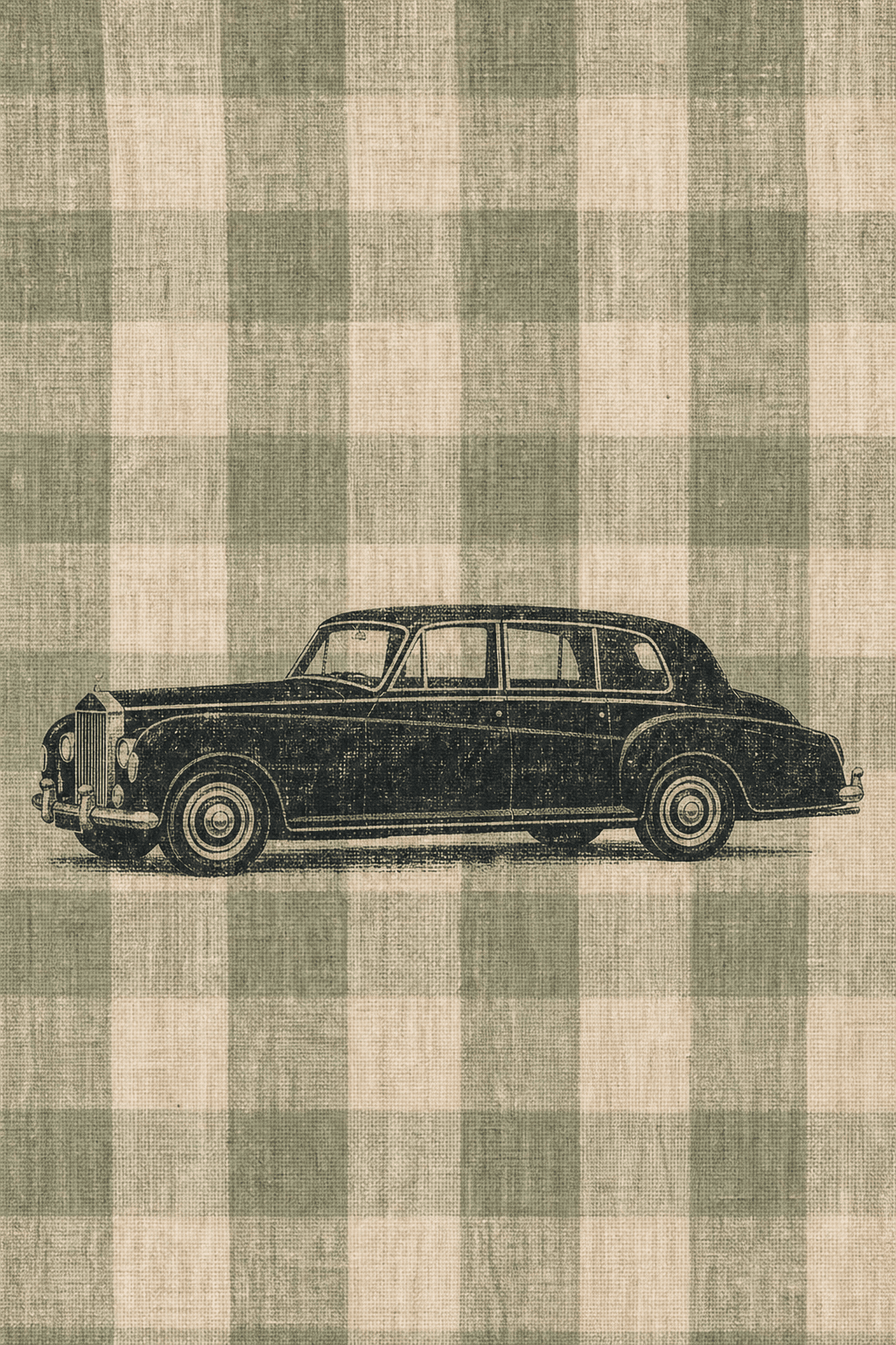 Near-black Rolls-Royce Phantom V printed over a weathered sage and ivory check on linen
