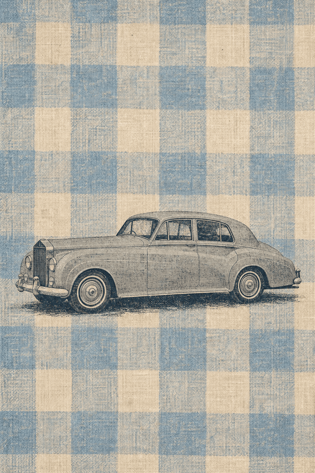 Silver-gray Rolls-Royce Silver Cloud III printed over a powder-blue and ivory check on linen