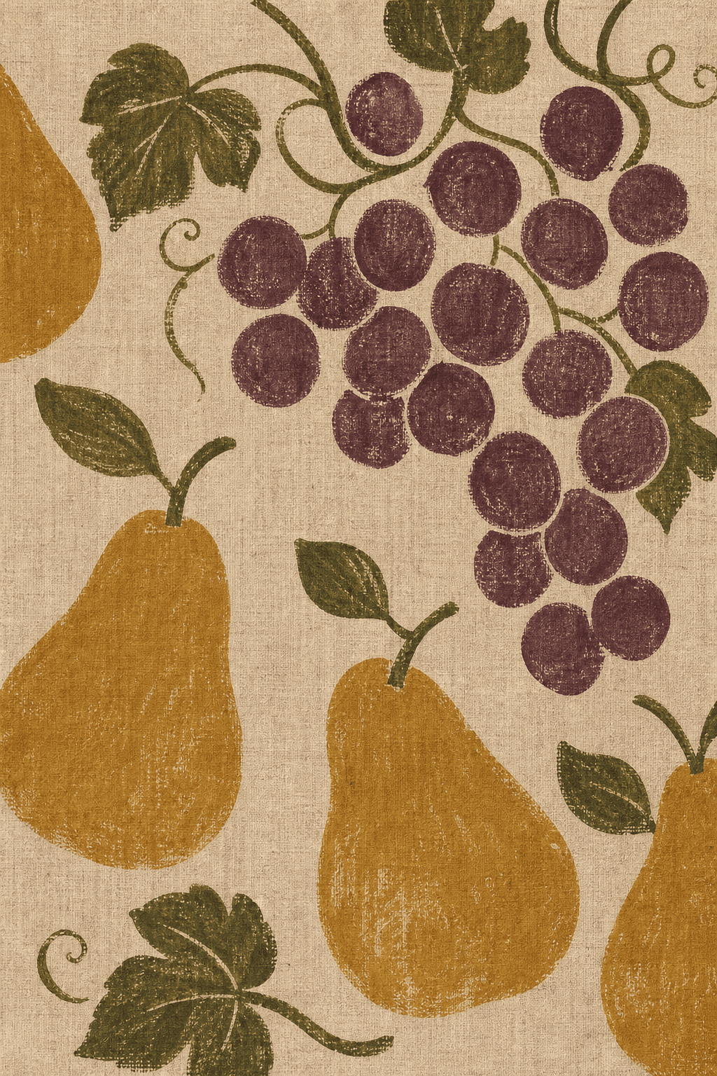 Purple grape cluster, ochre pears, and curling green vines printed on linen