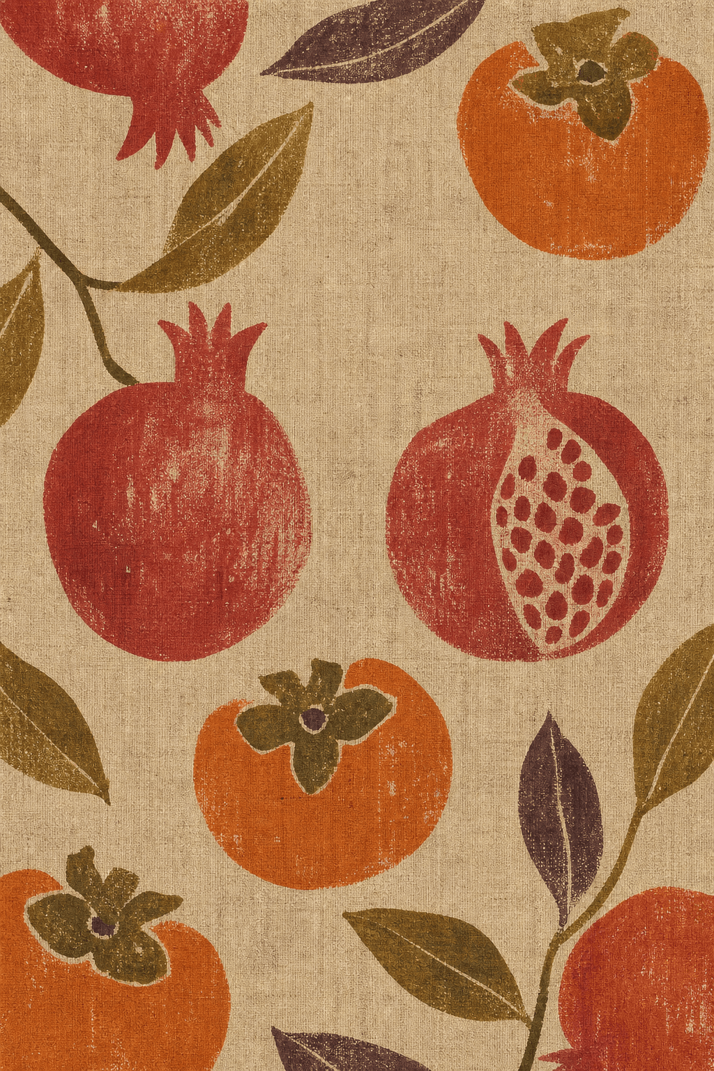 Red pomegranates, orange persimmons, and olive and plum leaves printed on linen