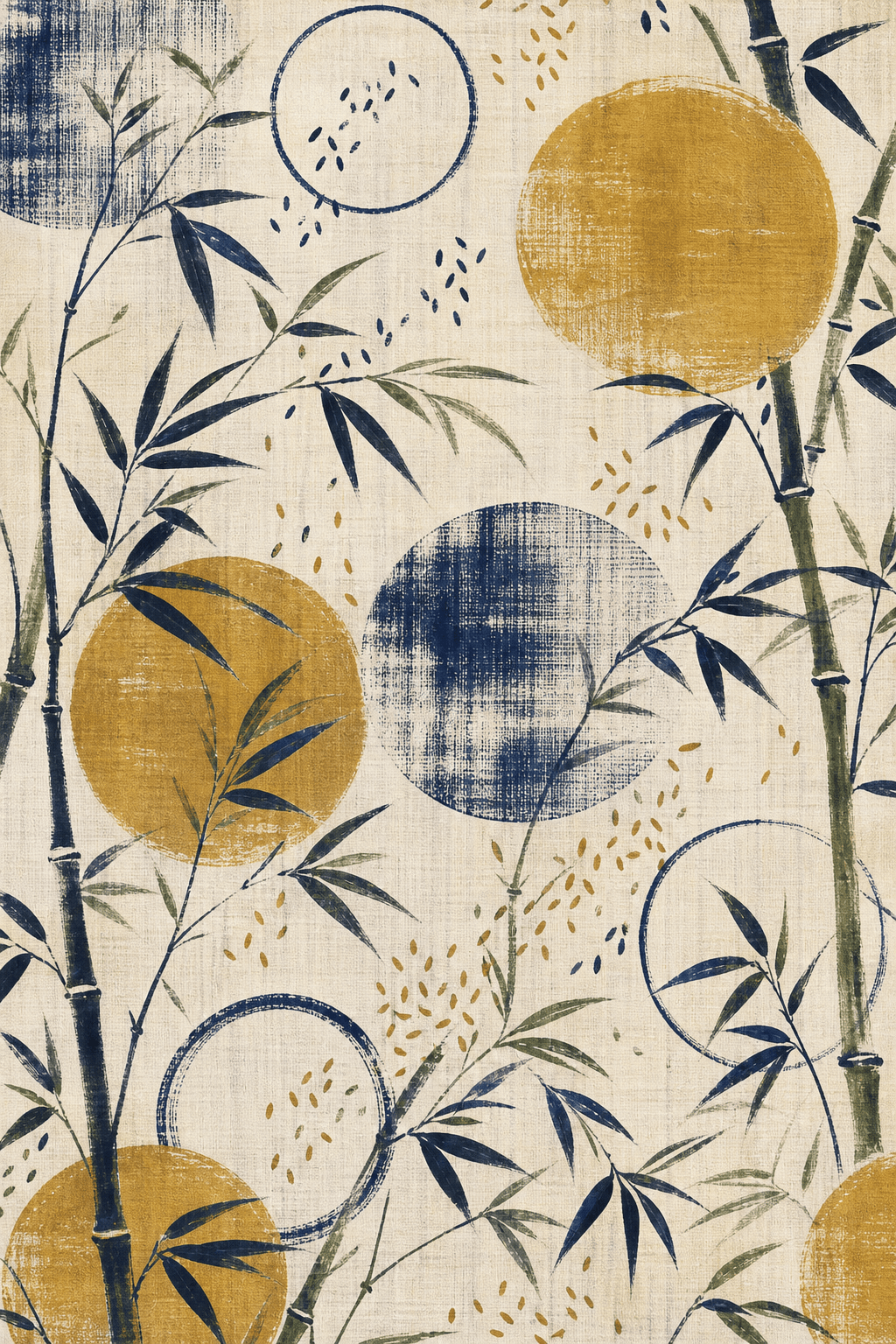 Indigo and moss bamboo crossing large ochre and blue moon discs on natural linen