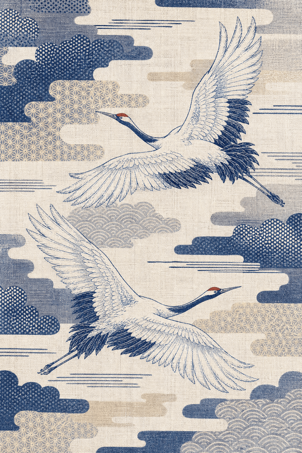 Two ink-blue red-crowned cranes flying through geometric clouds on natural linen