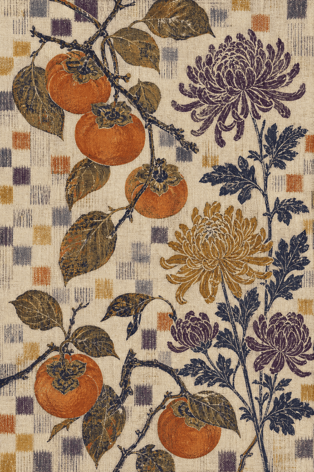 Orange persimmons and purple and ochre chrysanthemums over a broken woven check
