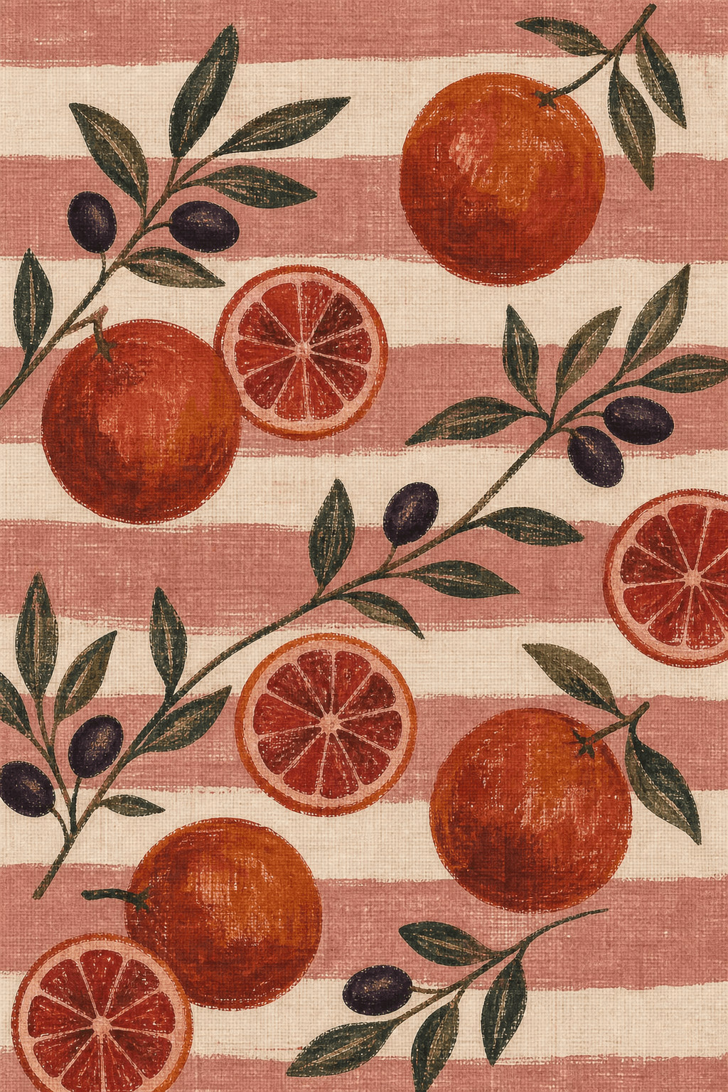 Blood oranges and olive branches printed over rose and ivory horizontal bands