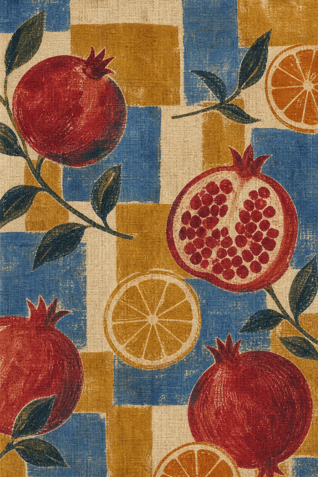 Pomegranates and citrus slices printed over indigo and ochre blocks