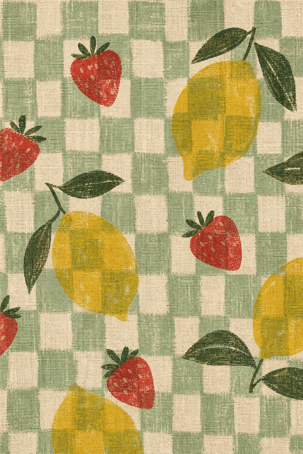 Strawberries and lemons printed over a celadon and cream checkerboard