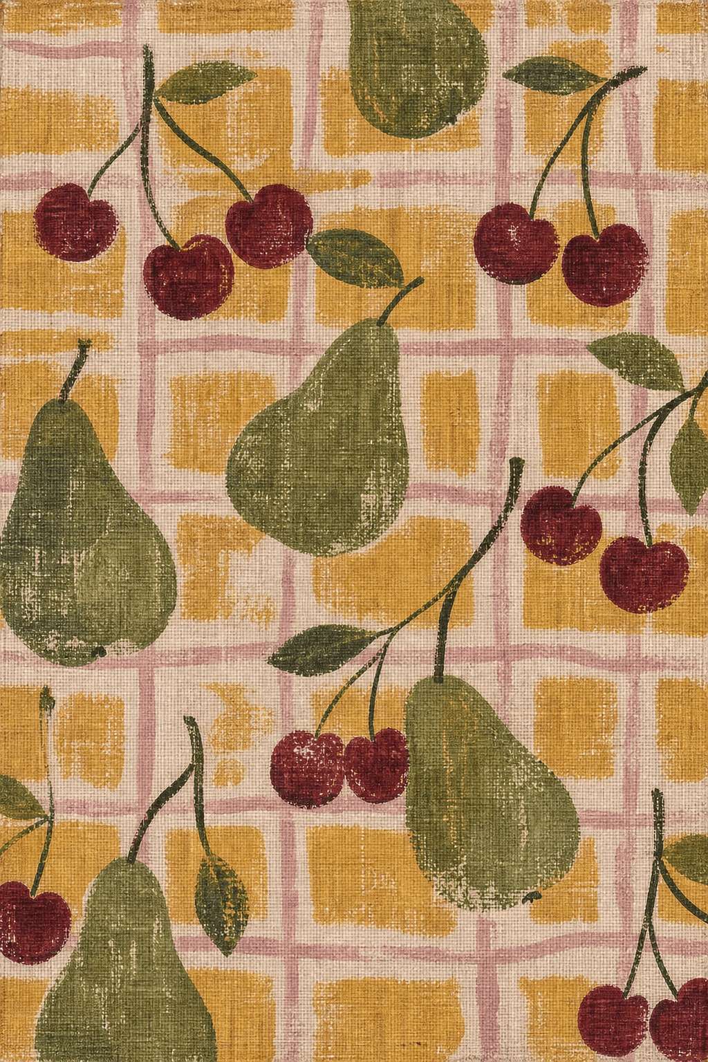 Cherries and green pears printed over a saffron and pale pink grid