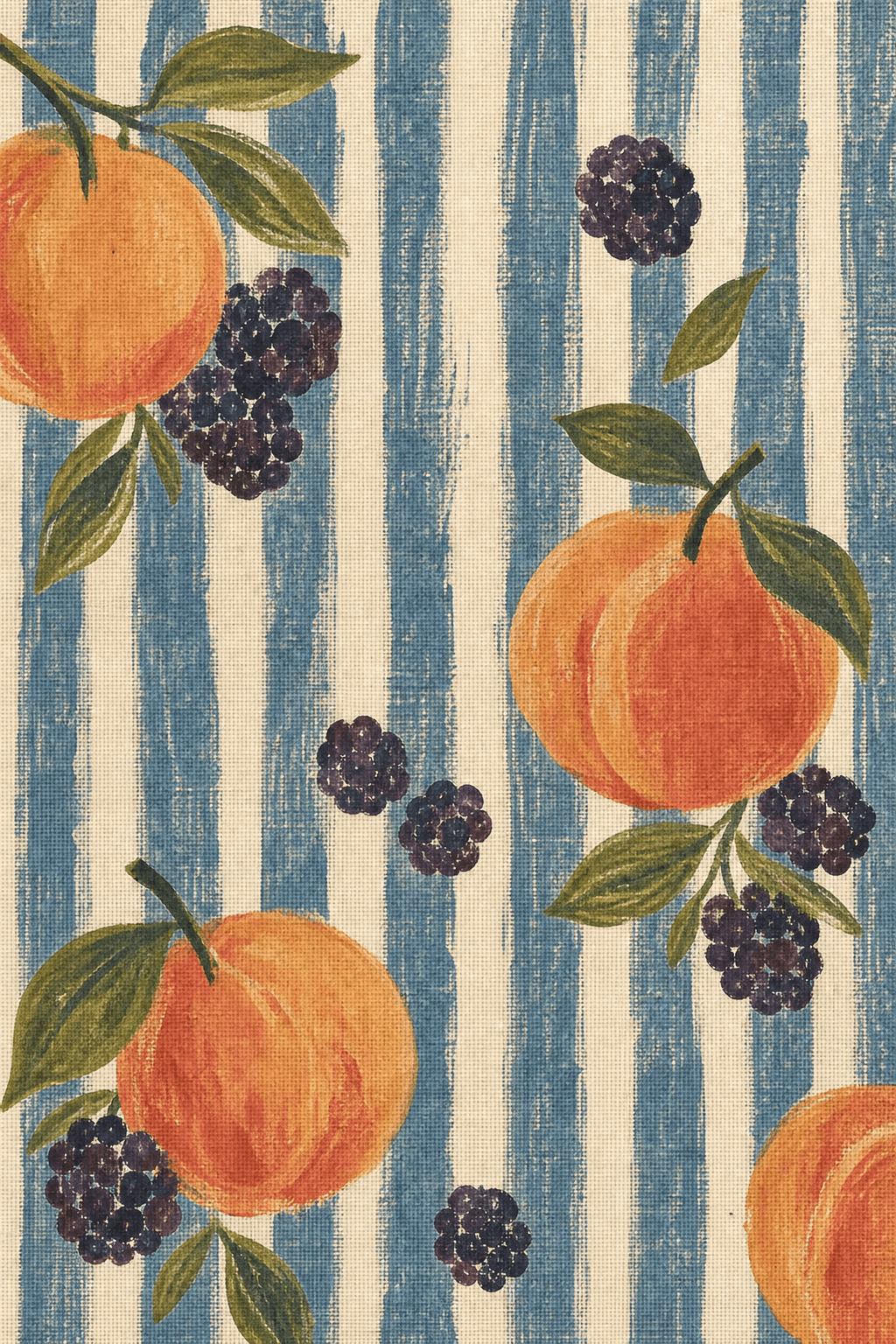Peaches, blackberries, and leaves printed over blue and cream vertical stripes
