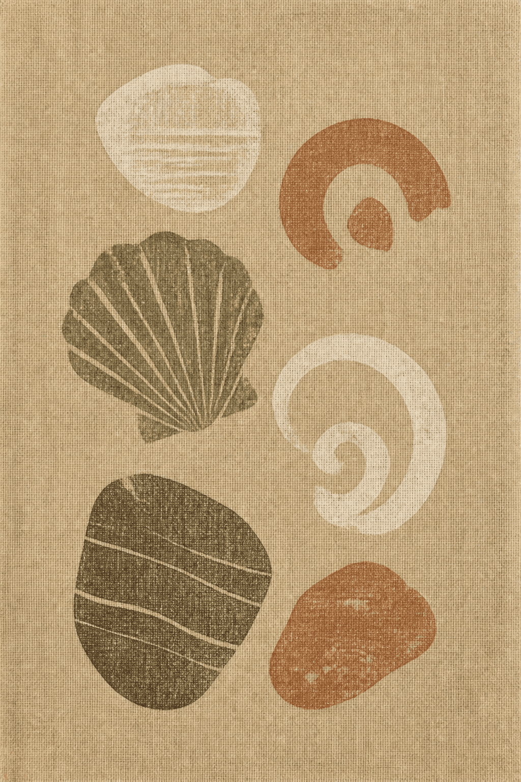 Terracotta, olive, cream, and charcoal shell and stone forms on linen