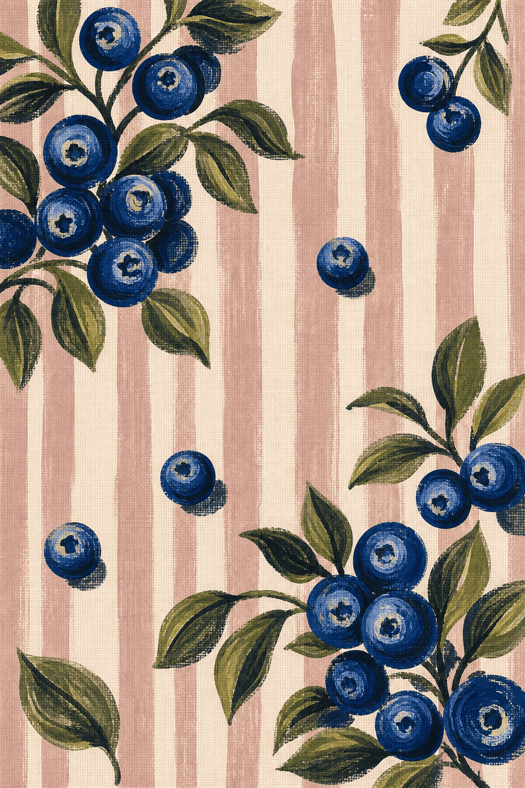 Blue berries and green leaves painted over pale rose stripes